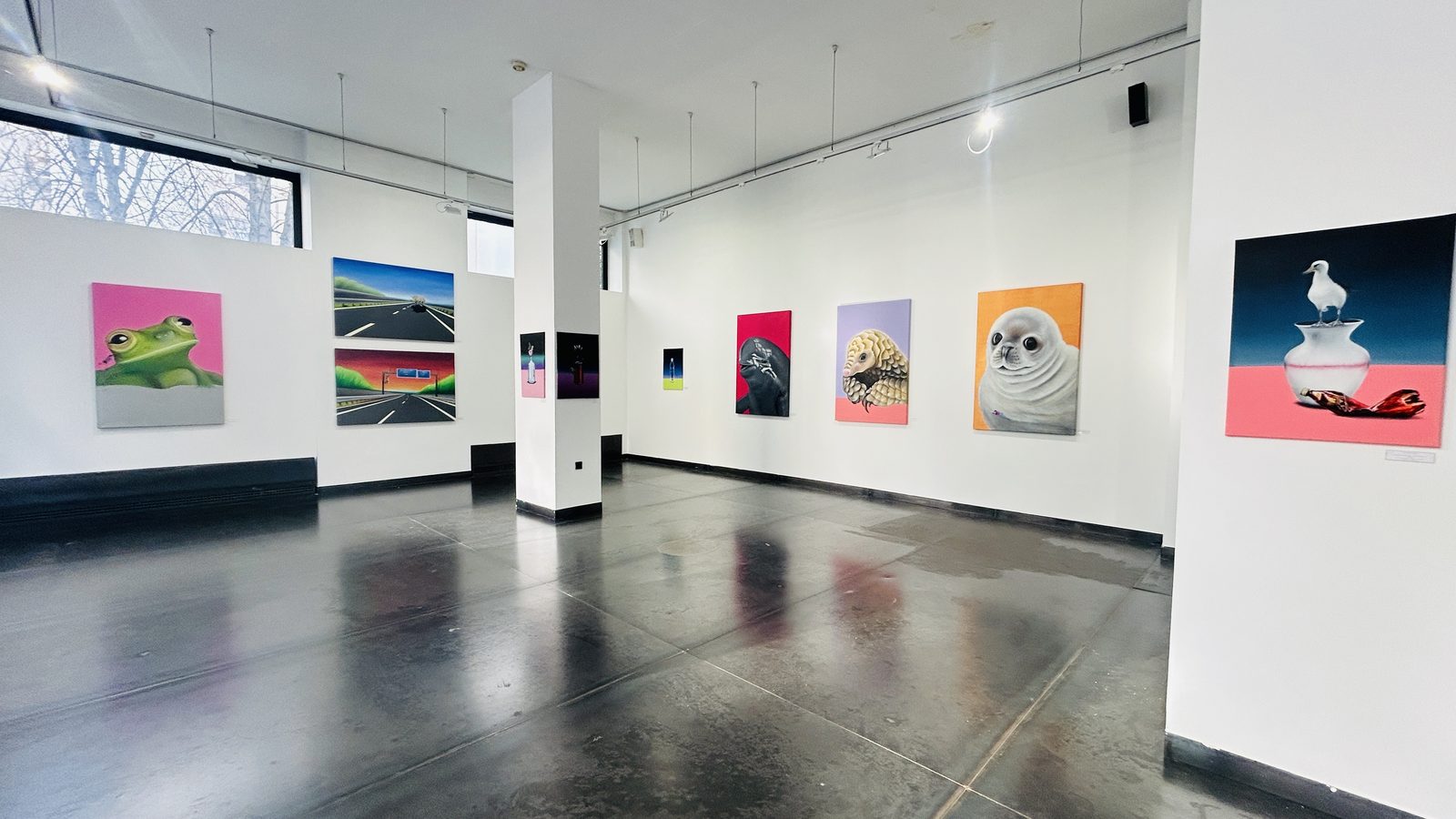 A Hybridart Space Gallery kiállítótere egy oszloppal, a falakon sorban színes állatportrék, jobbra egy sirályt ábrázoló festmény