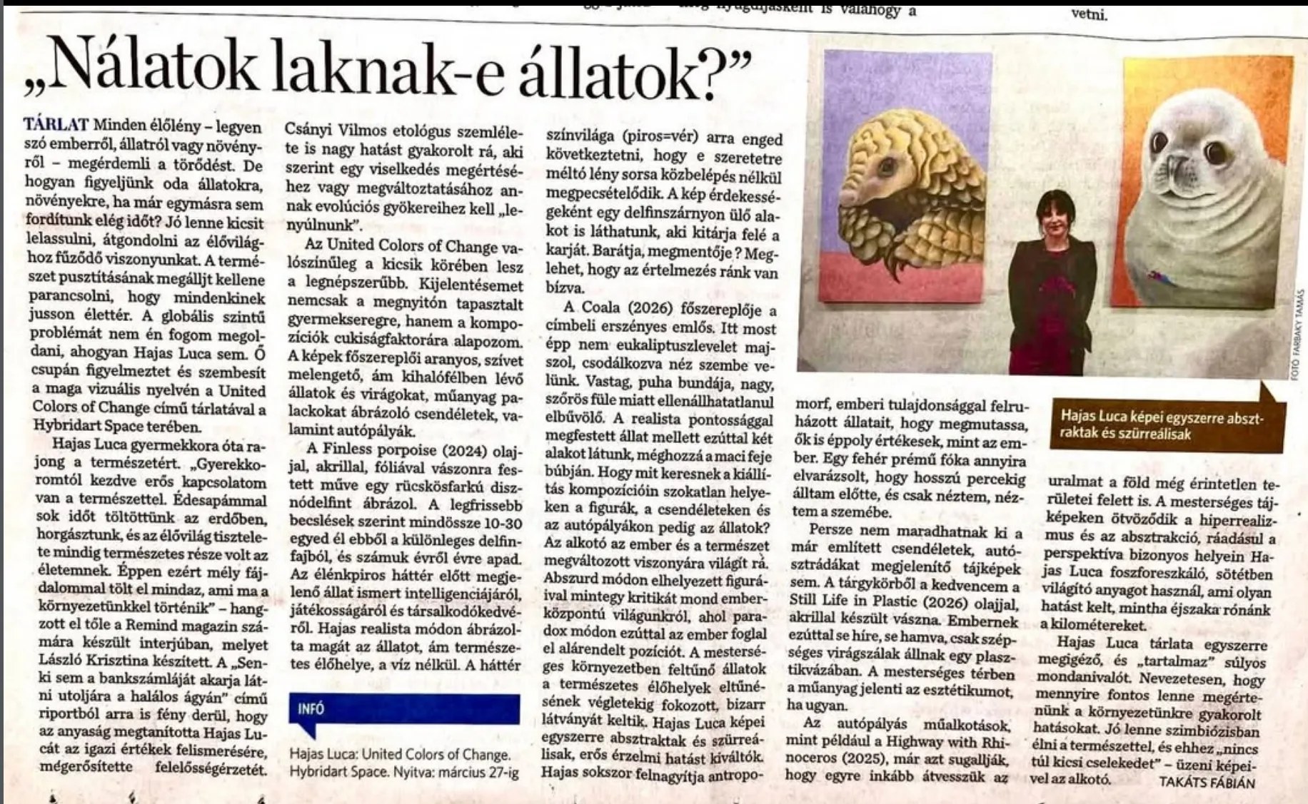 Újságcikk-kivágás „Nálatok laknak-e állatok?” címmel, négy hasábnyi szöveggel; jobb felül fotó Hajas Lucáról a tobzoska és a fókakölyök portréja között